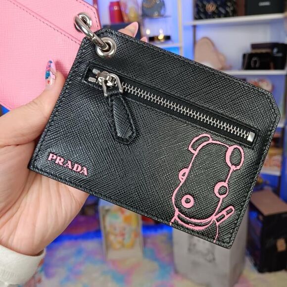NIB PRADA Pink/Black Saffiano Leather Puppy Key Charm Card Holders Set $550 - Picture 5 of 13
